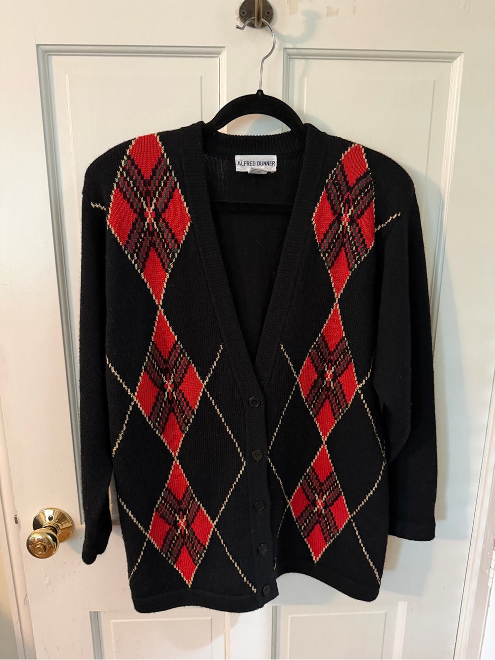 Alfred Dunner Black and Red Argyle Button-Up Cardigan